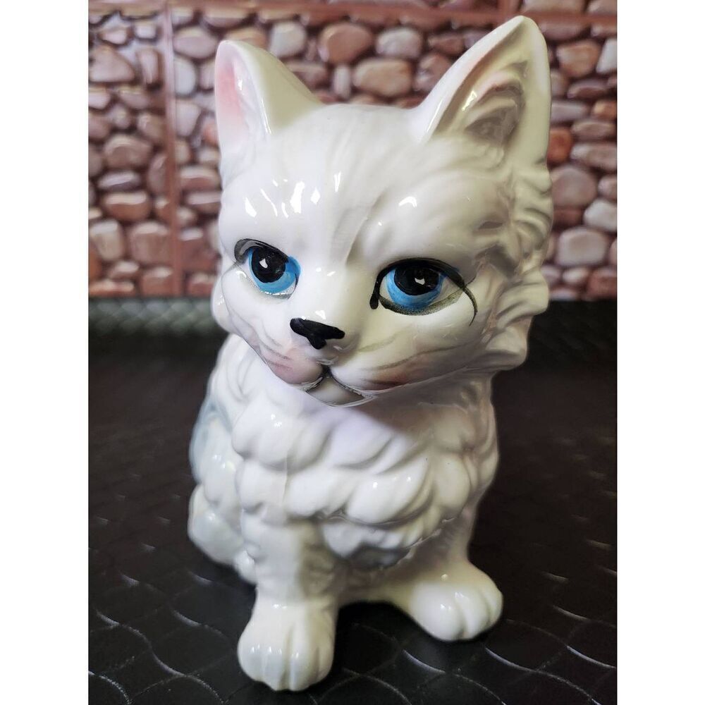 Vintage Japan White Fluffy Cat Figurine